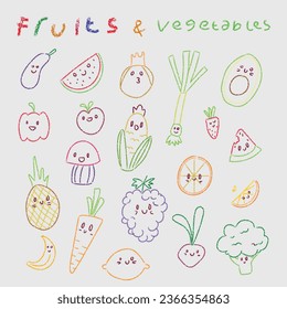 Dibujos para niños adornan frutas y verduras con crayón.