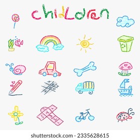 Child draws with crayons. draw by hand with crayons, vector illustration with pastel colors