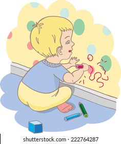Child draws on the wallpaper. 