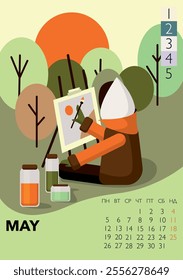 Child draws paints of landscape. Vector illustration. 2025 year monthly office planner, calendar for May 2025.