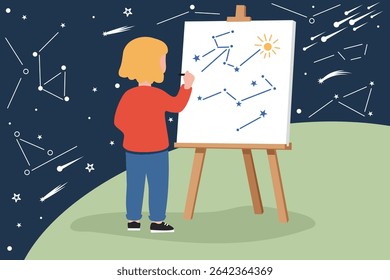 Uma criança desenha constelações espaciais da vida, de pé em um planeta no espaço sideral