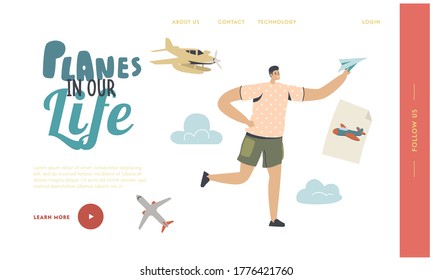 Child Dream To Be Pilot, Aircraft Landing Page Template. Happy Boy Run With Paper Airplane In Hand. Young Male Character Fly Plane In Air. Summer Vacation, Childhood, Hobby. Linear Vector Illustration