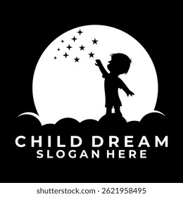 Child Dream with moon, star and cloud. Child Reaching Dream logo design vector