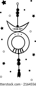Child dreamcatcher, a pendant in the nursery, boho style. Black and white outline vector illustration. Template, element for design, printing, sticker, etc.