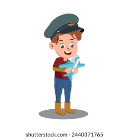child dreams of being an airplane pilot, little boy playing with a toy airplane. vector illustration