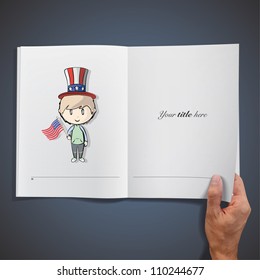 Child dressed as American with flags. Realistic illustration of a magazine.