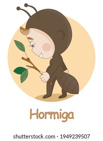 child dressed as an ant. illustration as part of the alphabet with the words "ant" in Spanish