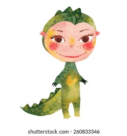 child dressed as a crocodile drawing by watercolor, vector