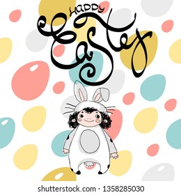 The child is dressed as an Easter bunny on a background of a pattern of eggs and the inscription Happy Easter. Cartoon Easter Bunny with Easter lettering.