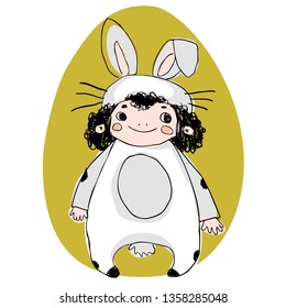 A child dressed as an Easter bunny on a colored background. Cartoon Easter Bunny with a big Easter egg.