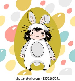 The child is dressed as an Easter Bunny on a colored background. Cartoon Easter Bunny with Easter eggs background.