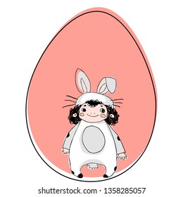 The child is dressed as an Easter Bunny on the background of a colored egg. Cartoon Easter Bunny with a big Easter pink egg.