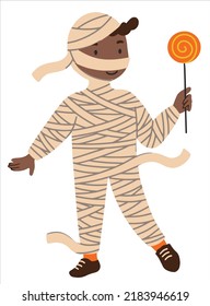 Child dressed as a mummy for Halloween. Colorful vector illustration in flat style. Children's scary costume party.