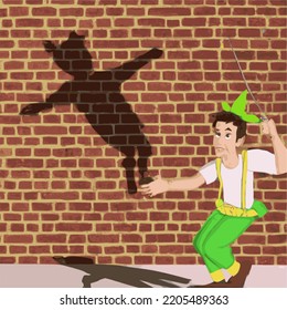 Child dressed up as Peter pan fighting a peter pan shadow on a brick wall