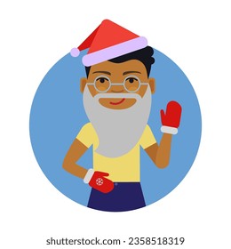 Child dressed in Santa Claus costume flat vector circle icon. Young boy in red cap, beard and mittens waving hand isolated on white background. Children activities, Christmas, holiday concept