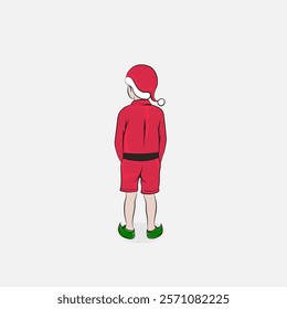 Child dressed as Santa Claus with his back turned only.