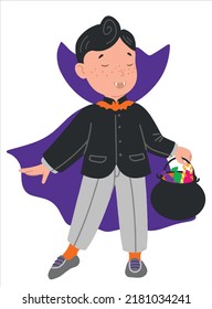 Child dressed as a vampire with Halloween sweets. Colorful vector illustration in flat style. Children's scary costume party.