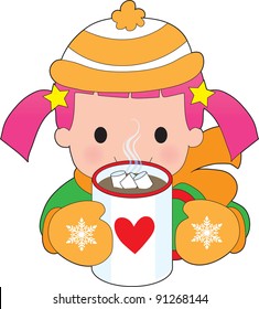 A child dressed for winter with toque and mitts, has a mug of hot chocolate with floating marshmallows.