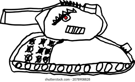 The child drew a tank with an angry expression on its face.