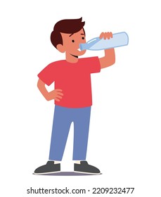 Bebida infantil, refresco, estilo de vida sano, sed e hidratación corporal. Beber agua limpia. Pequeño personaje caucásico con botella en la mano disfrutando de agua fresca. Ilustración del vector de dibujos animados