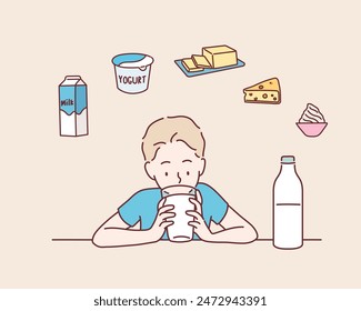 A child drinking milk, milk-related icons. Hand drawn style vector design illustrations.