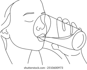 Child drinking water. Hand drawn in thin line style