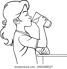 child is drinking water  line vector illustration isolated on white background