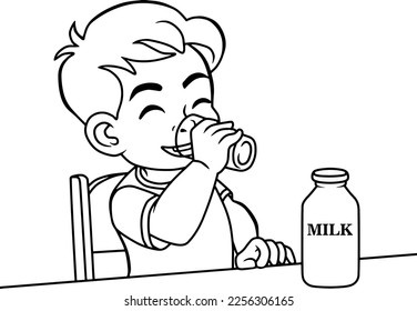 child drinks milk line vector illustration isolated on white background