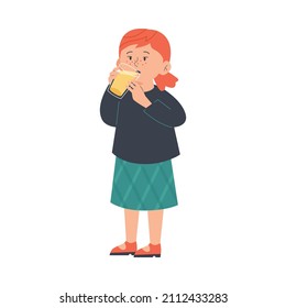 Child drinks orange juice from glass mug, flat vector illustration isolated on white background. Cute girl character with red hair and freckles. Concept of healthy breakfast and vitamins.