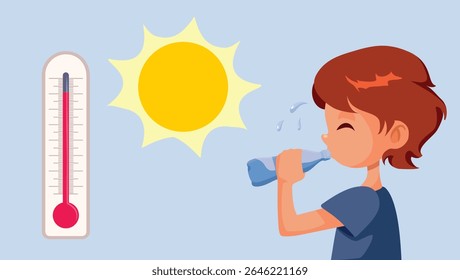 
Criança bebe muita água no desenho animado Heat Vetor. Garotinho evitando a desidratação enquanto transpira durante a onda de calor 
