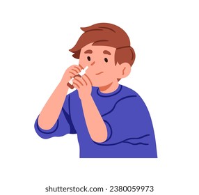 Child dripping nose drops, cleaning nostrils with nasal spray. Kid applying medicine, drug, curing from rhinitis. Ill sick boy with flu, cold. Flat vector illustration isolated on white background