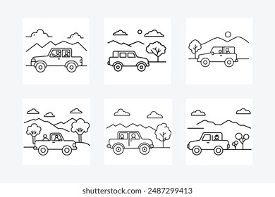 Child and driver in a safari jeep on savannah journey simple line art illustration perfect for kids' coloring books and adventure-themed designs