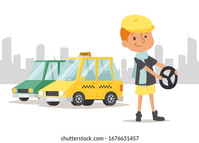 Child driver stand car, taxi on city background vector illustration. Flat kid chauffeur work profession, driving hobby of young character. Automotive magnification, driving training.