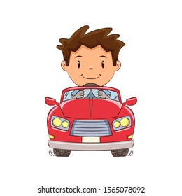 Child driving car, happy cute kid