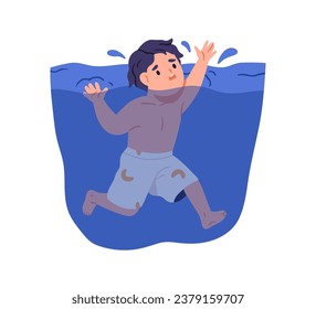 Child drowning in water. Little kid sinking in sea, swimming in pool. Small boy toddler in danger, accident, calling for emergency help. Flat vector illustration isolated on white background.