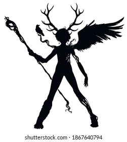 The child is a druid, a guardian of the forest, with a staff in his hand, he has deer horns, one wing, an animal leg, in places his body is woven from roots, a Raven sits on his shoulder. 2D illustrat