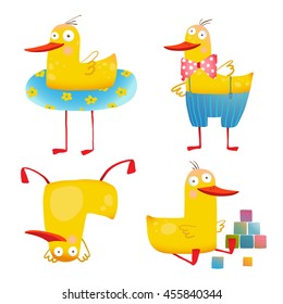 Child Duck Funny Colorful Toy Set. Birdie animal cartoon fun play adorable kids illustration. Transparent background EPS10 vector.