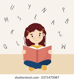 A child with dyslexia having difficulty reading. Confused girl sitting with a book in her hands. Dyslexia disorder concept. Isolated on white.