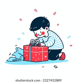 A child eagerly unwrapping a present on Christmas morning, vector illustration