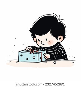 A child eagerly unwrapping a present on Christmas morning, vector illustration