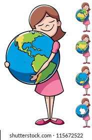 Child and Earth: Little girl hugging the Earth over white background. On the right are 4 more versions, differing by the shown part of the Earth.