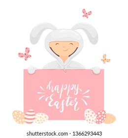 The child as the Easter Bunny behind a banner with lettering happy Easter and flying butterflies on white background, illustration.
