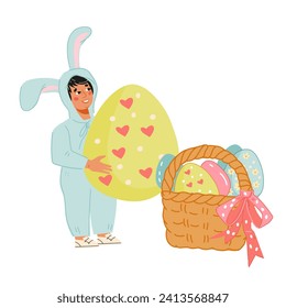 Child in Easter bunny costume with eggs in basket, cartoon flat vector illustration on white background. Easter child character for holiday card or banner design.