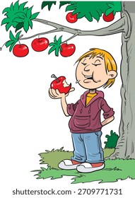 El niño está comiendo una manzana debajo del árbol