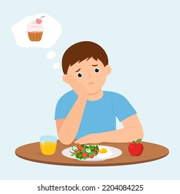 Child Eating Boring Food. Little Boy Feel Not Hungry. Kid  Feeling Unhappy Looking At Bowl Of Vegetables And Dreaming About Cake. Vector Illustration