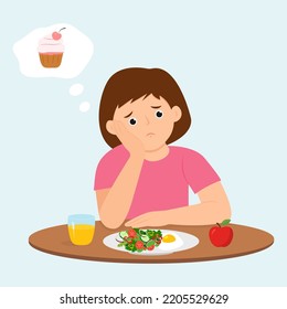 Child Eating Boring Food. Little Girl Feel Not Hungry. Kid  Feeling Unhappy Looking At Bowl Of Vegetables And Dreaming Cake.Vector Illustration