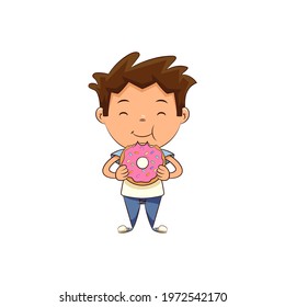 Child eating donut, happy cute kid