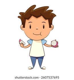 Child eating dragon fruit, vector illustration