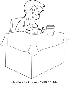 child eating and drinking at the table