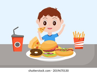 A Child Is Eating Fast Food Background Vector Illustration With Foods For Burger, Pizza, Donuts, French Fries, Hot Dog or Cola. Tasty Image Meal in Flat Style Design